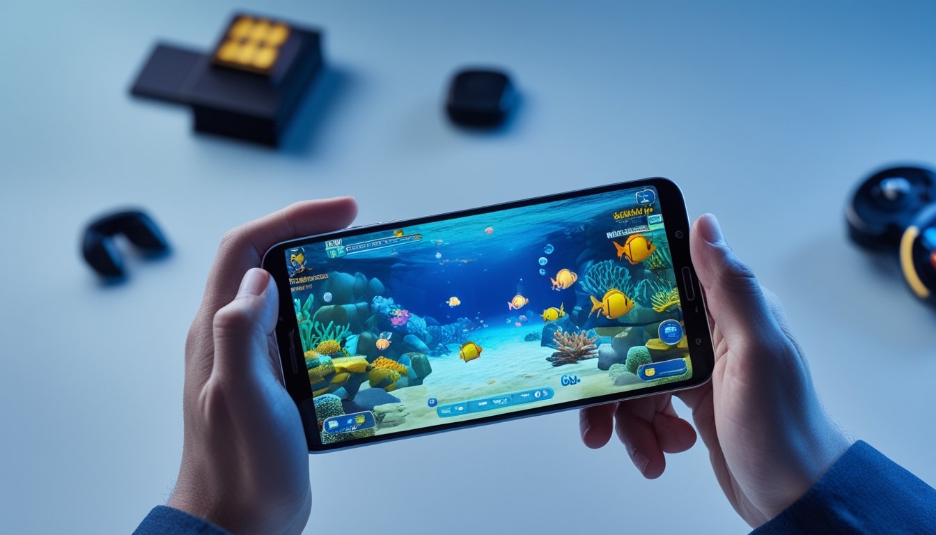 Tangan memegang ponsel Android yang menampilkan permainan menembak ikan bawah laut tiga dimensi.