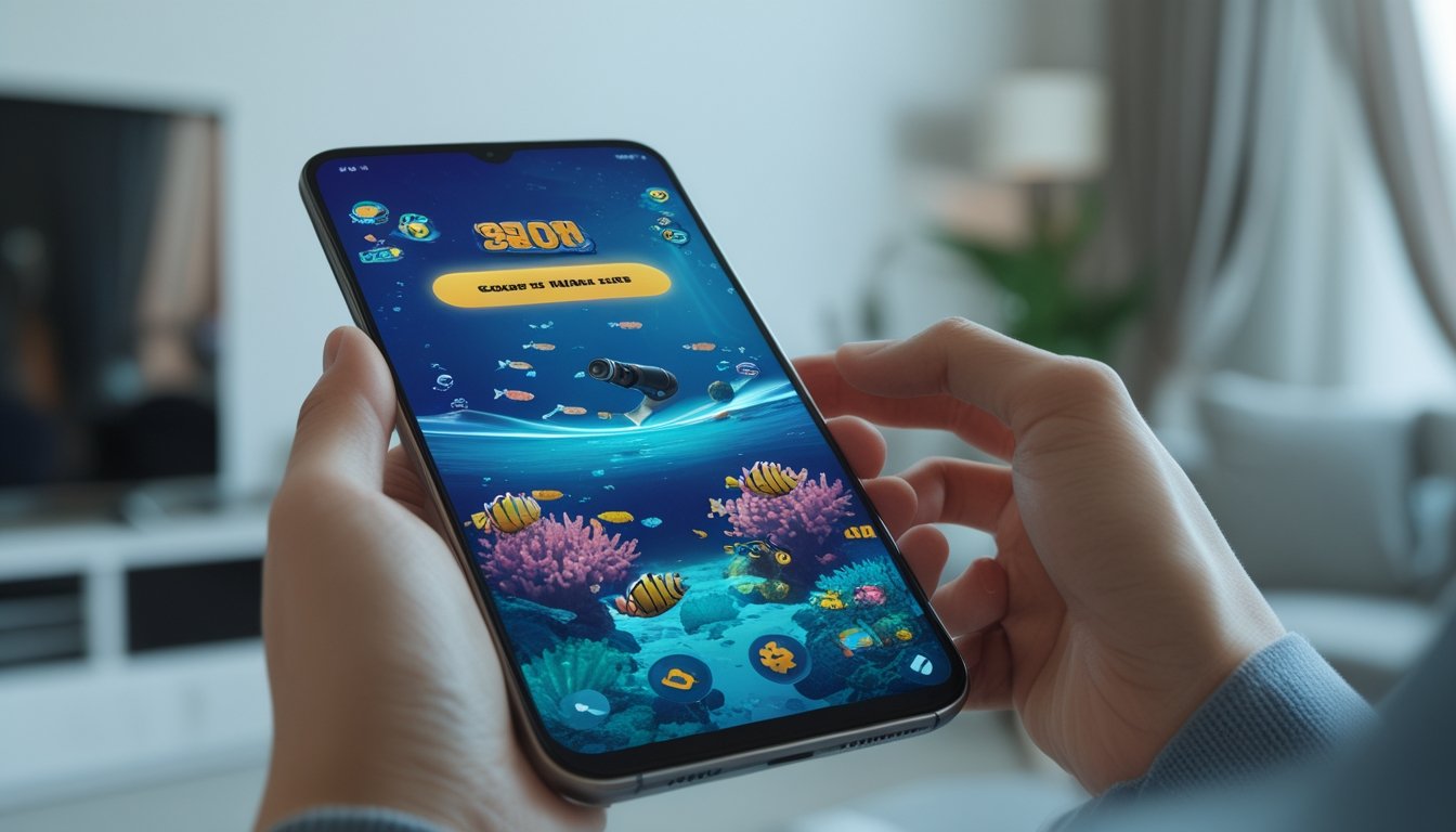 Seseorang memainkan permainan tembak ikan 3D di ponsel Android dengan latar bawah laut berwarna-warni.