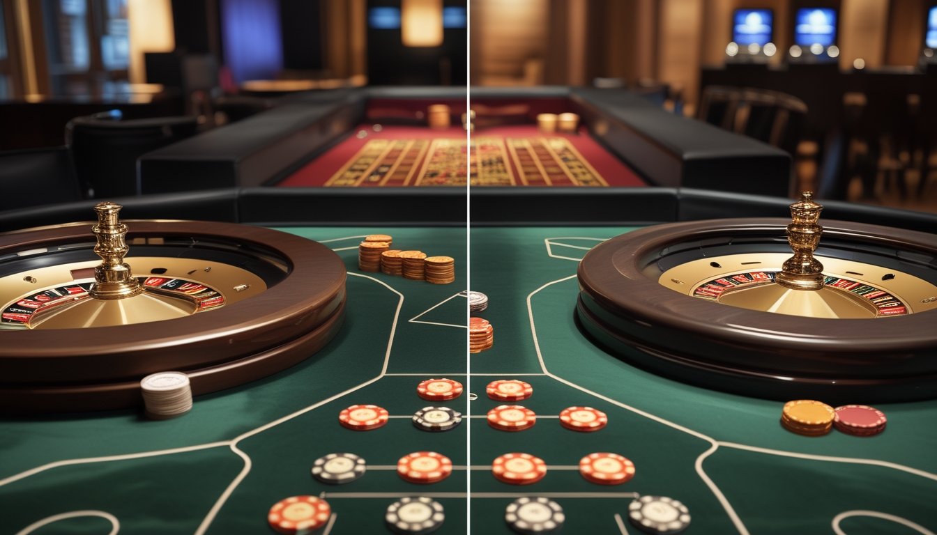 Dua meja roulette elegan berdampingan di dalam kasino dengan roda, bola, dan keping taruhan.