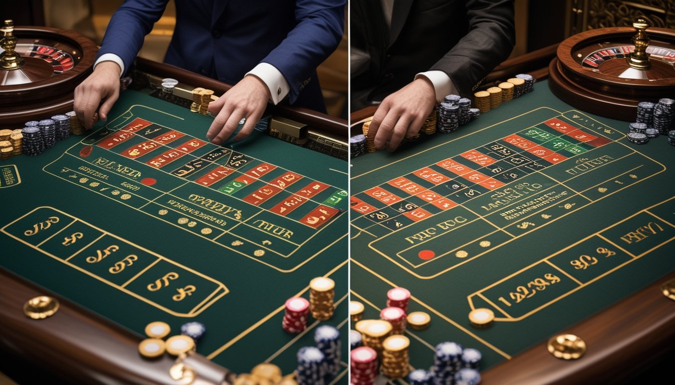 Dua meja roulette berdampingan dengan tata letak nol tunggal dan nol ganda untuk dibandingkan.