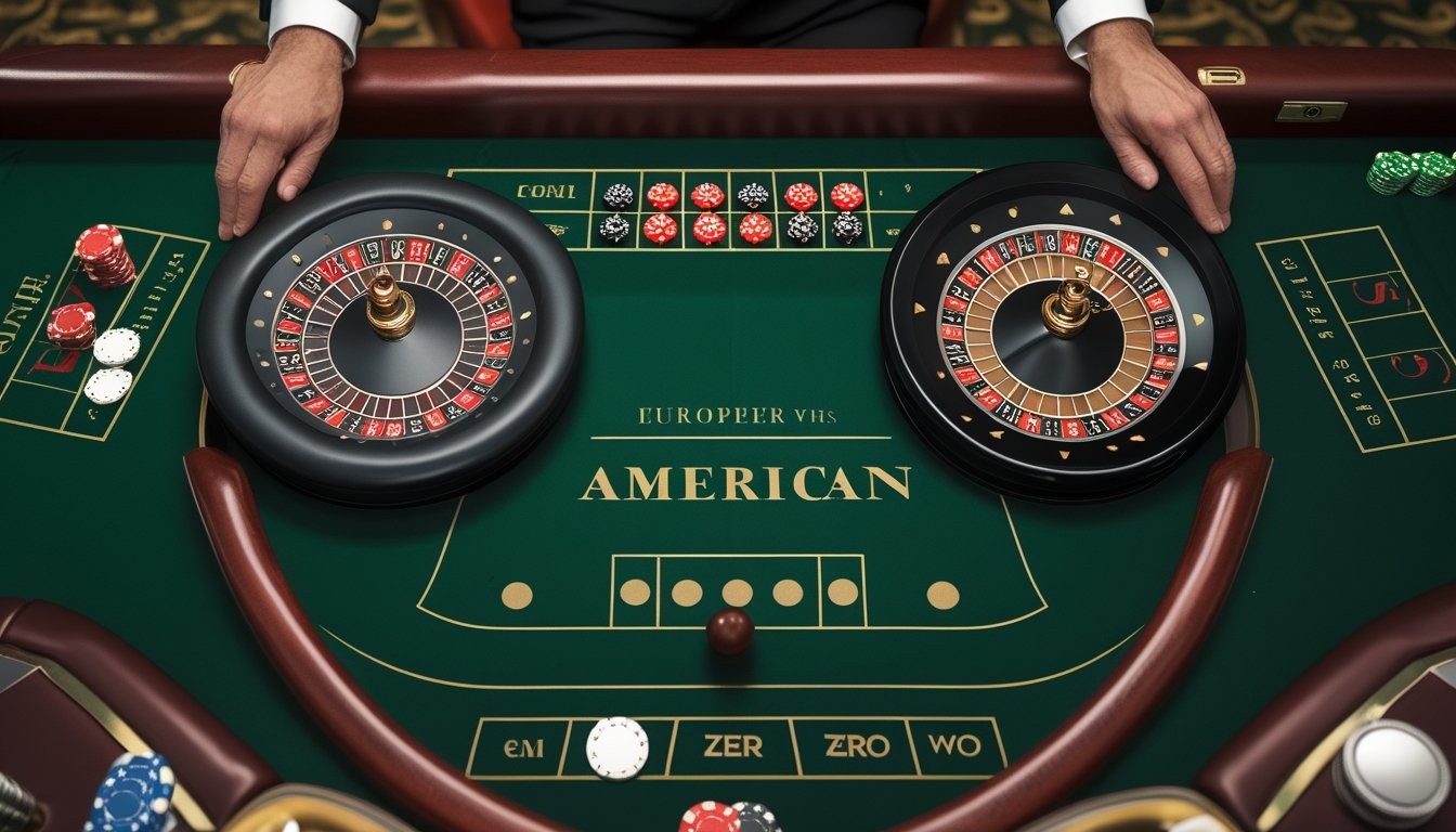Dua meja roulette berdampingan, dengan satu roda memiliki satu kotak hijau dan roda lainnya memiliki dua kotak hijau.