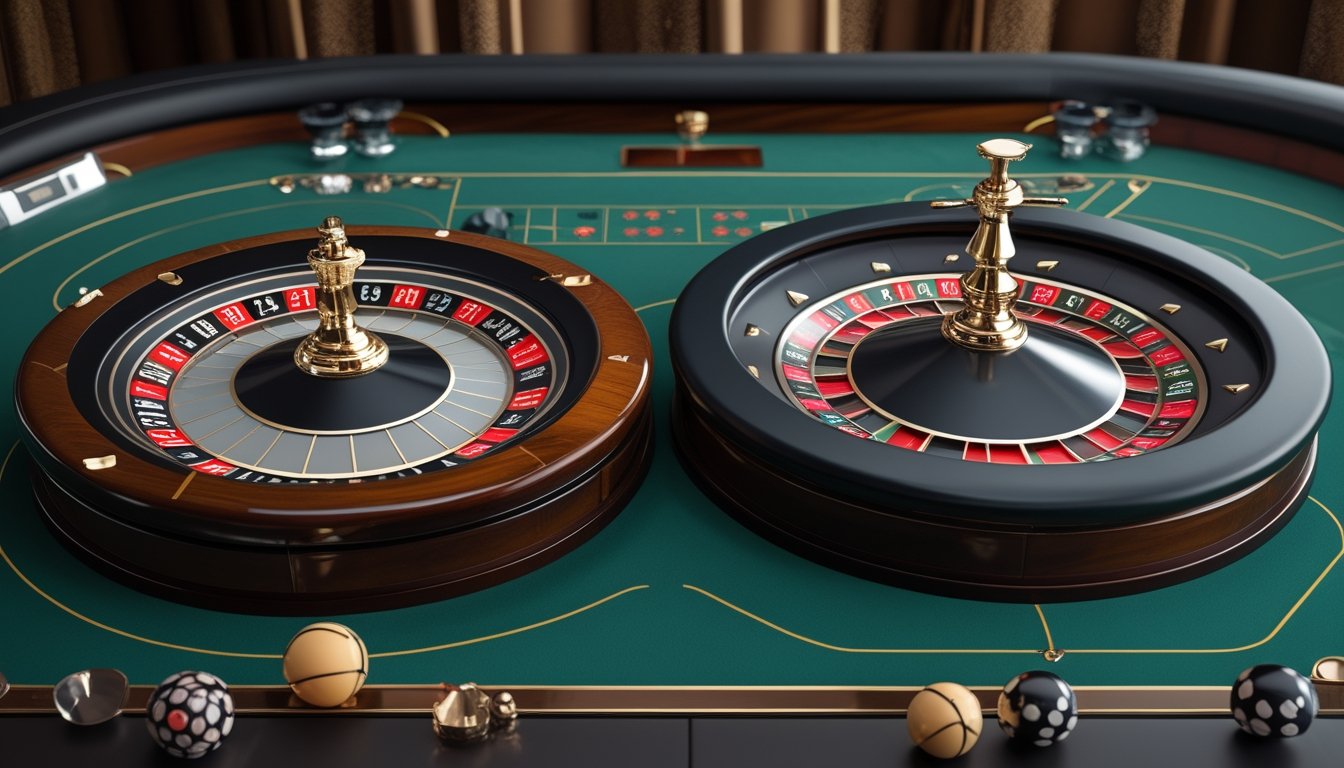Dua roda roulette berdampingan di atas meja kasino, dengan satu roda memiliki satu kantong nol dan roda lainnya memiliki kantong nol serta nol ganda.
