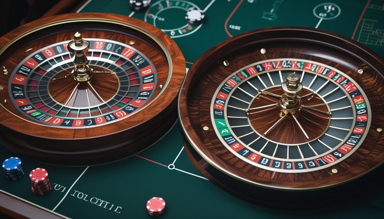Dua roda roulette, satu dengan dua angka nol dan satu dengan satu angka nol, berada berdampingan di atas meja kasino dengan koin taruhan.