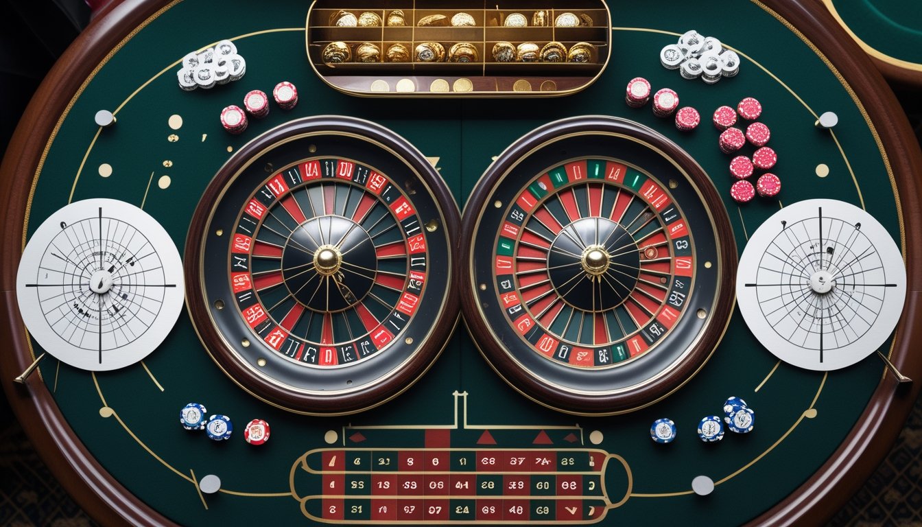 Dua roda roulette dengan susunan nol yang berbeda, dikelilingi keping kasino dan elemen geometris analitis di atas meja hijau.