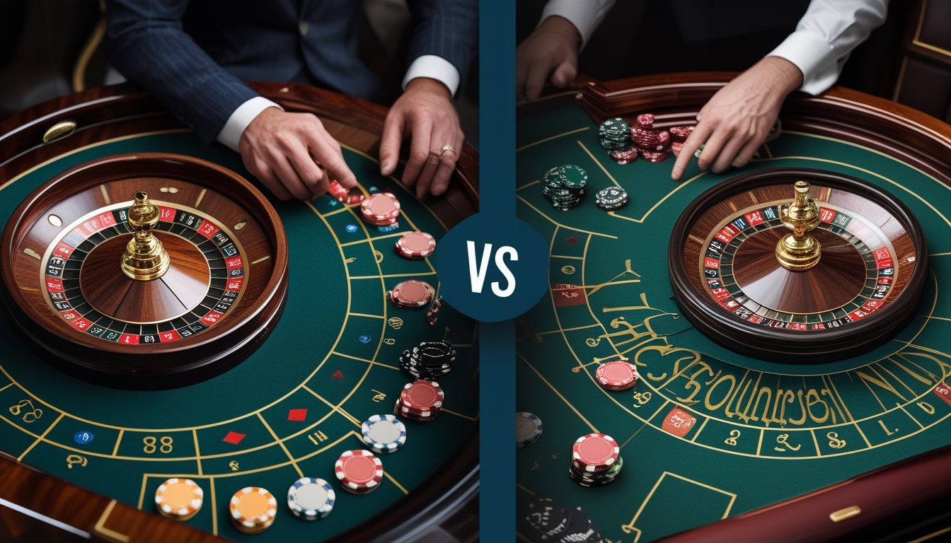 Dua meja roulette, satu dengan angka 0 dan 00 serta satu dengan angka 0, berdampingan di kasino.