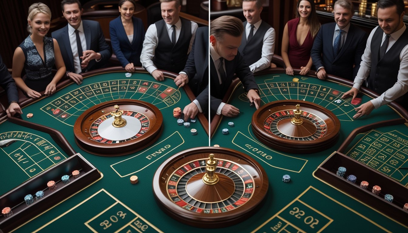 Dua meja roulette berdampingan dengan susunan roda dan area taruhan yang berbeda, dikelilingi pemain dan bandar di kasino.