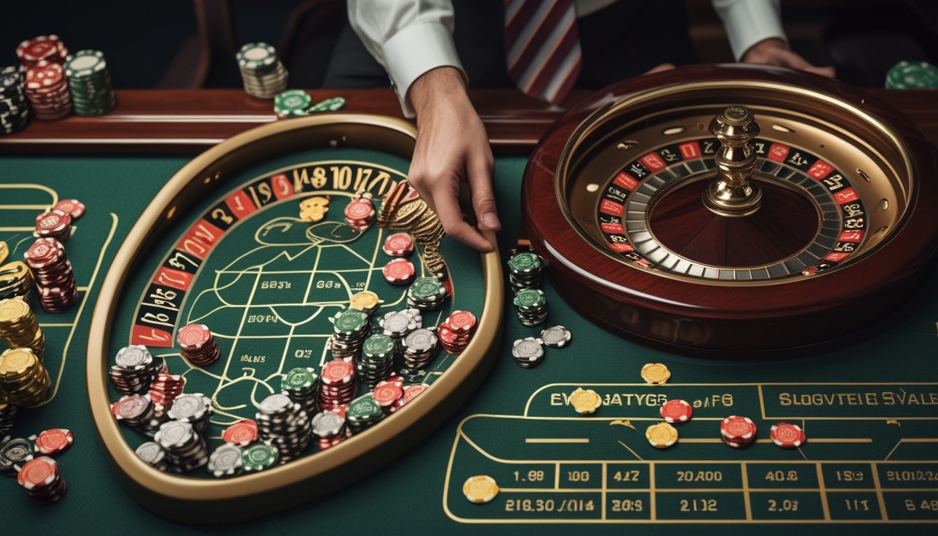 Roda roulette Amerika dengan petaruh dan tumpukan keping kasino di atas meja.