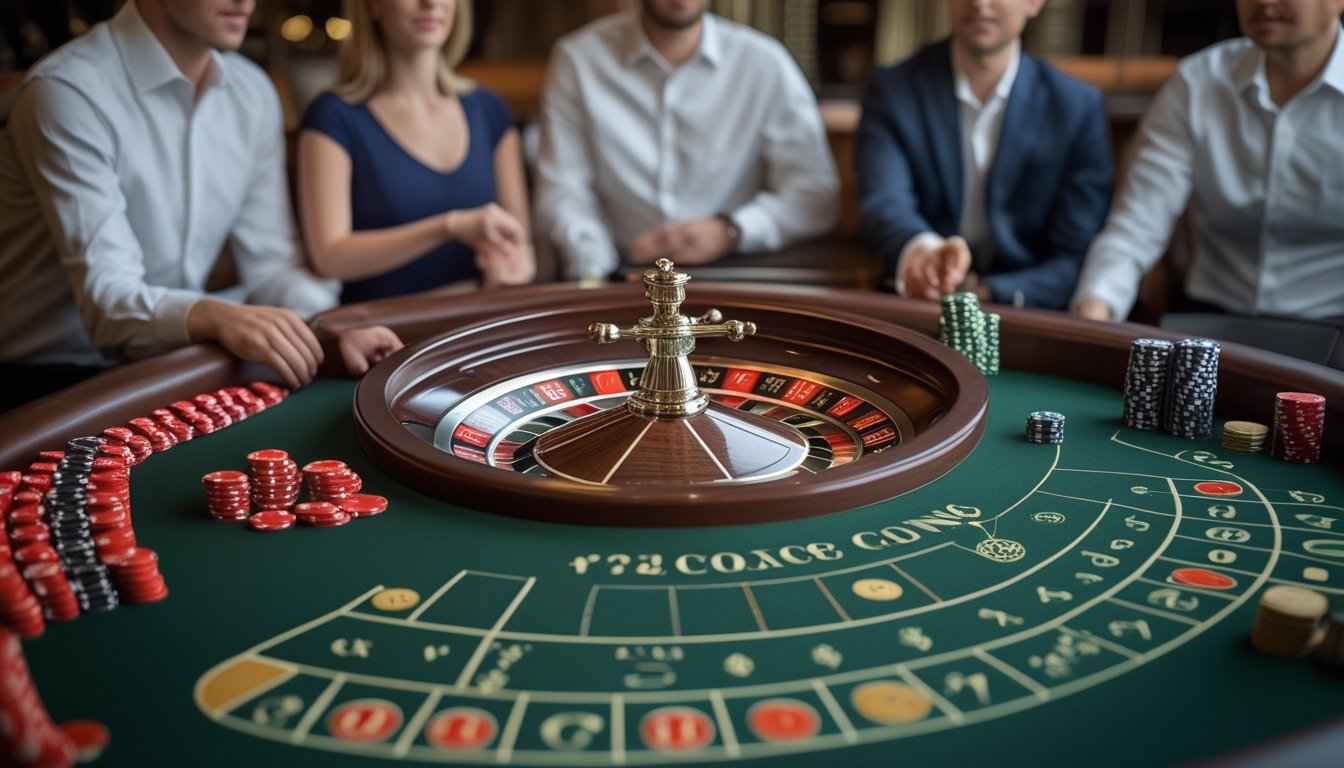 Meja American roulette dengan roda roulette, keping taruhan, dan pemain yang mengamati permainan.