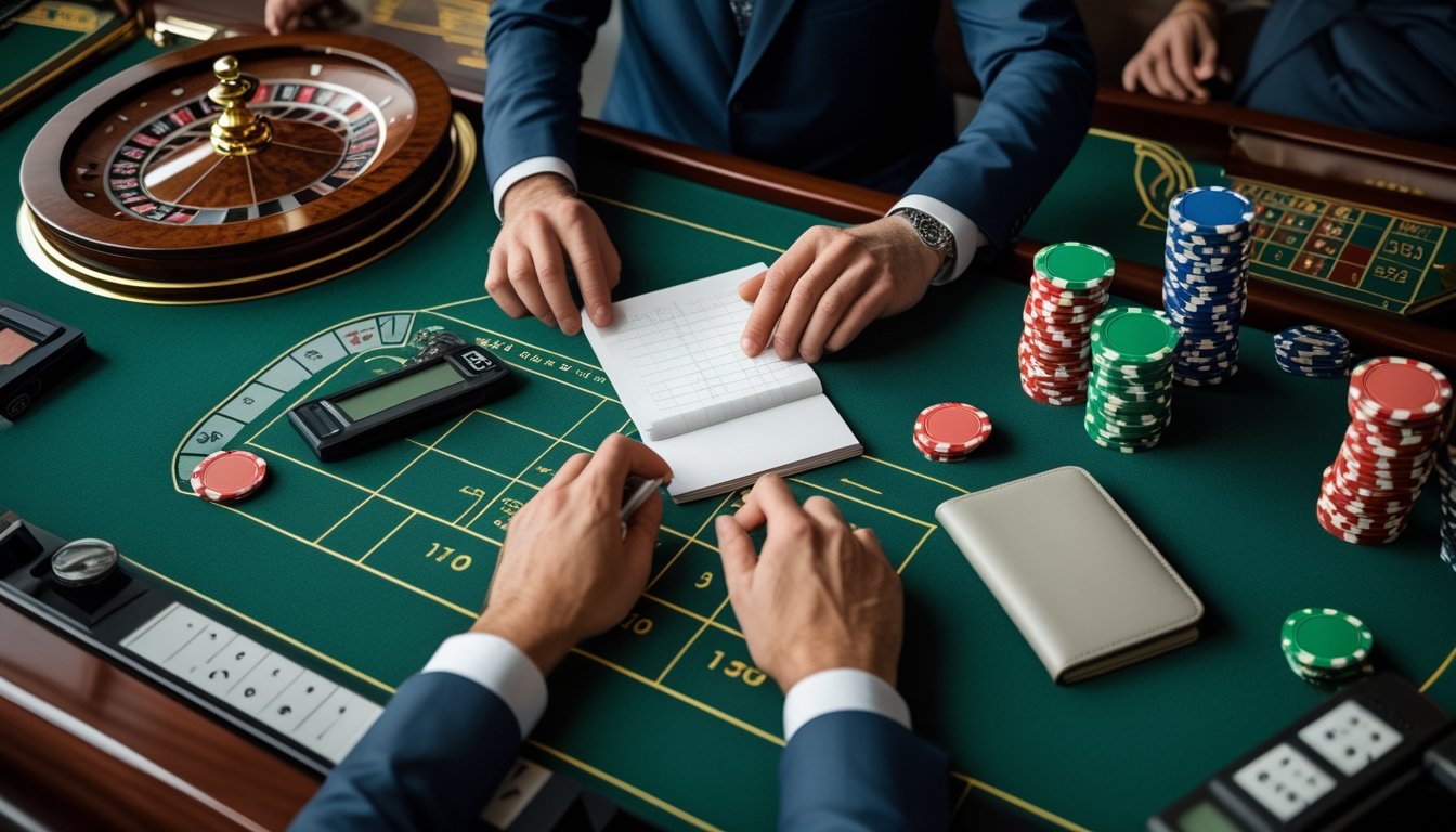 Pemain mengatur tumpukan chip dan mencatat anggaran di meja roulette.