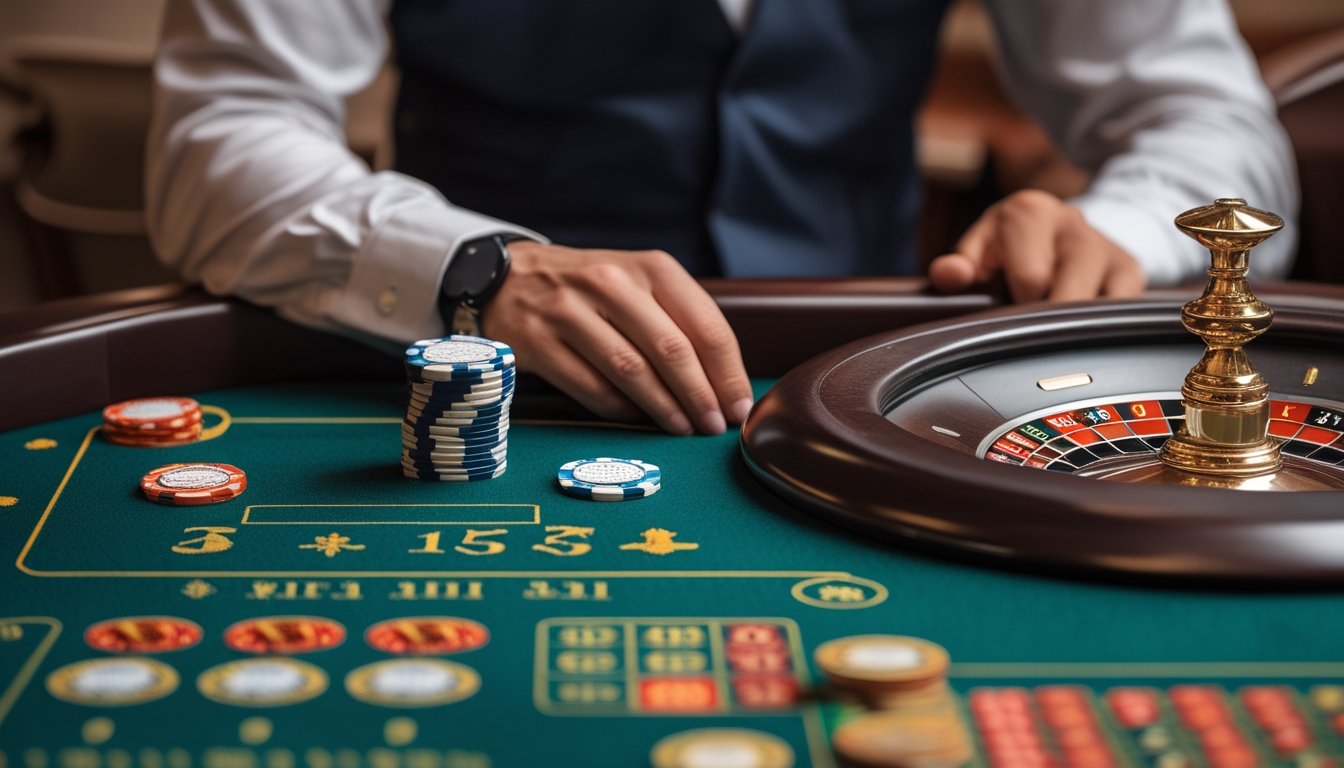 Tangan pemain menata sejumlah chip secara teratur di meja roulette American.