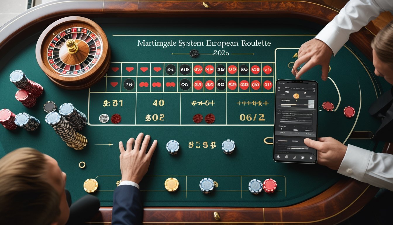 Meja roulette Eropa dengan tumpukan keping taruhan dan seseorang yang sedang menganalisis permainan.