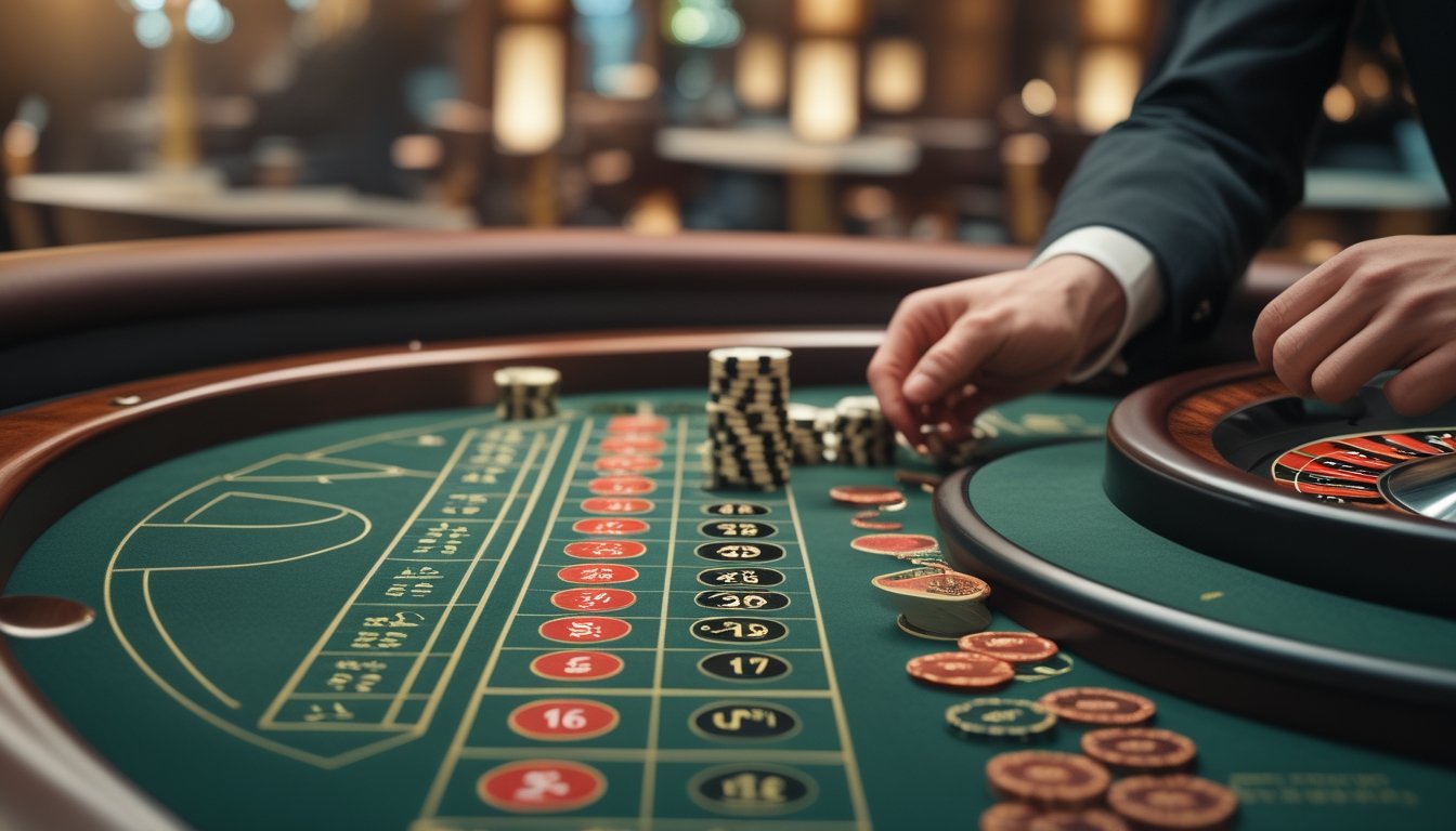 Roda roulette Eropa dan tumpukan chip taruhan di atas meja kasino hijau.