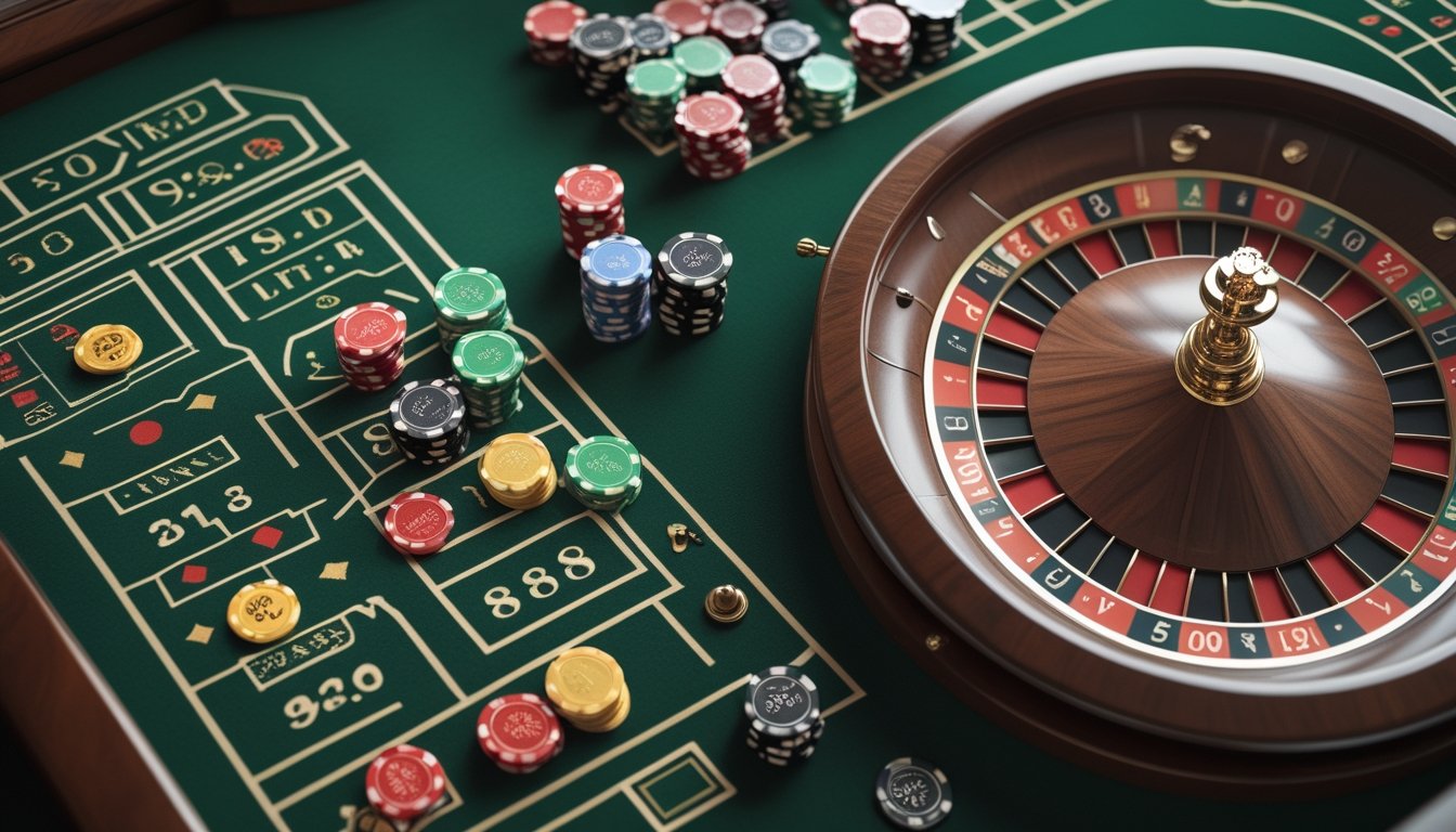 Roda roulette Eropa dan chip kasino tersusun pada area taruhan luar meja hijau.