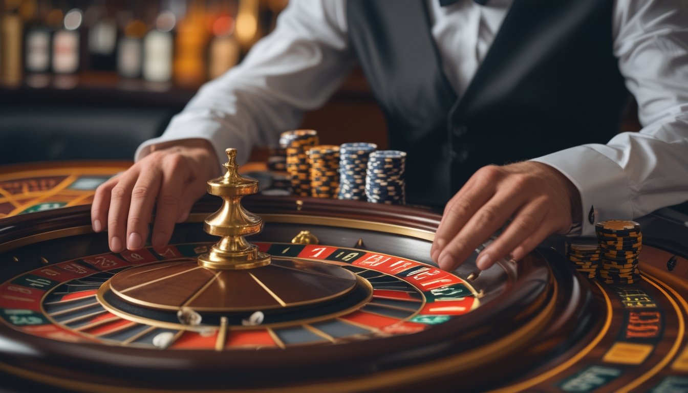 Pemain pemula tampak bingung menempatkan chip di meja roulette Amerika sementara roda roulette berputar.