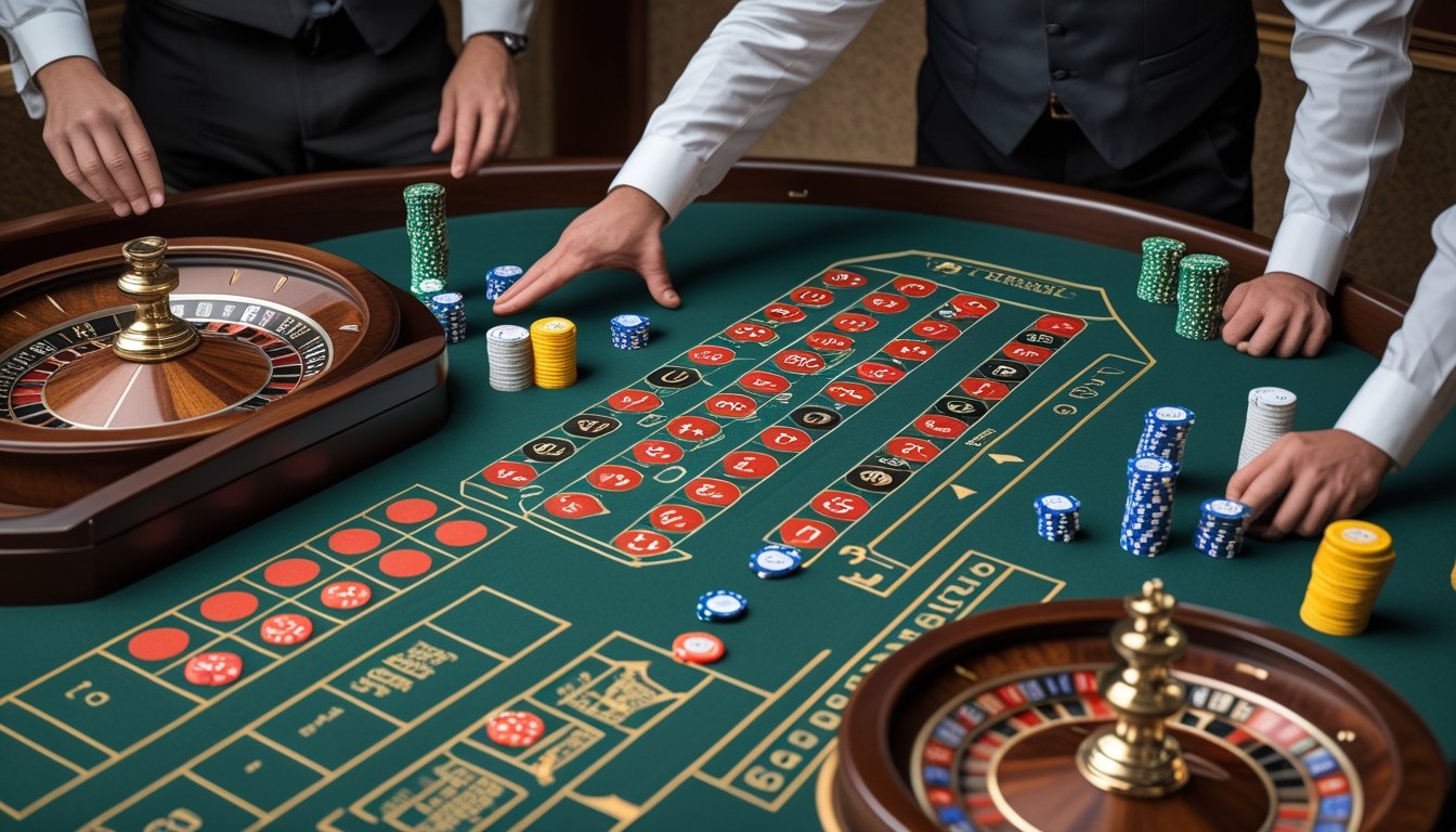 Croupier menjelaskan tata letak meja roulette Amerika kepada beberapa pemain pemula.