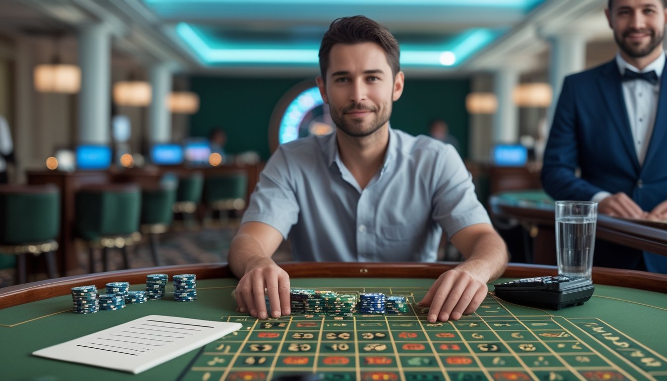 Seorang pemain mengatur sejumlah chip di meja roulette Eropa dengan kalkulator dan buku catatan kosong di sampingnya.