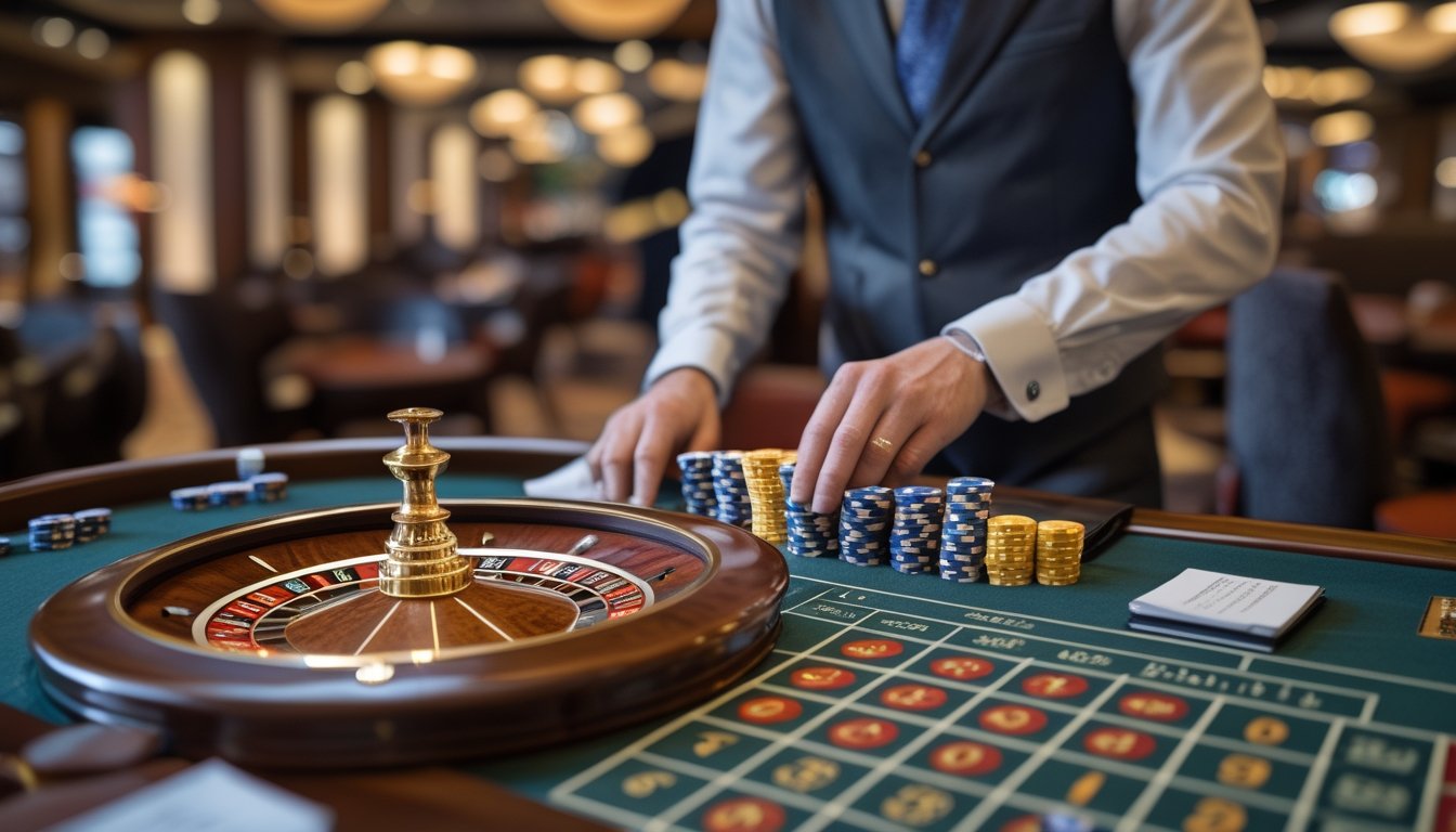 Pemain meninjau sejumlah kecil chip di meja roulette Eropa dengan dealer di latar belakang.