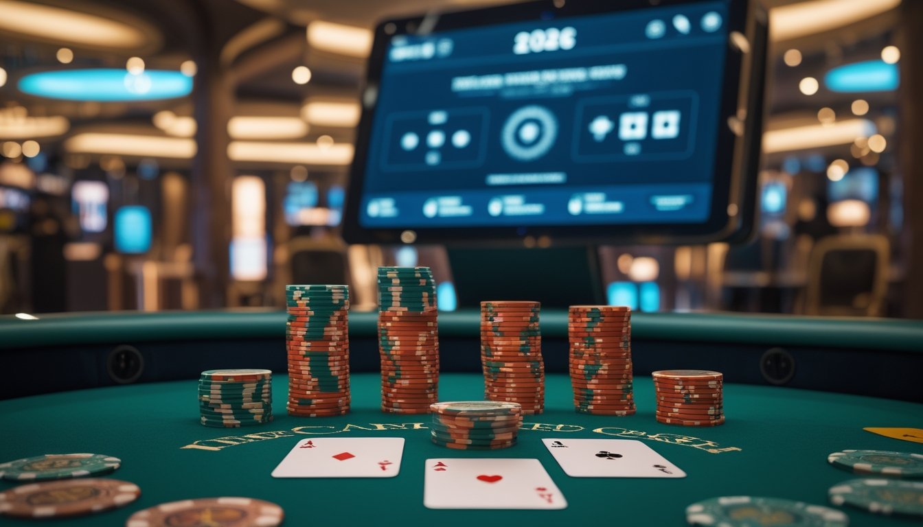 Meja poker hijau dengan tiga kartu tertutup, tumpukan keping kasino, dan layar digital di latar belakang.