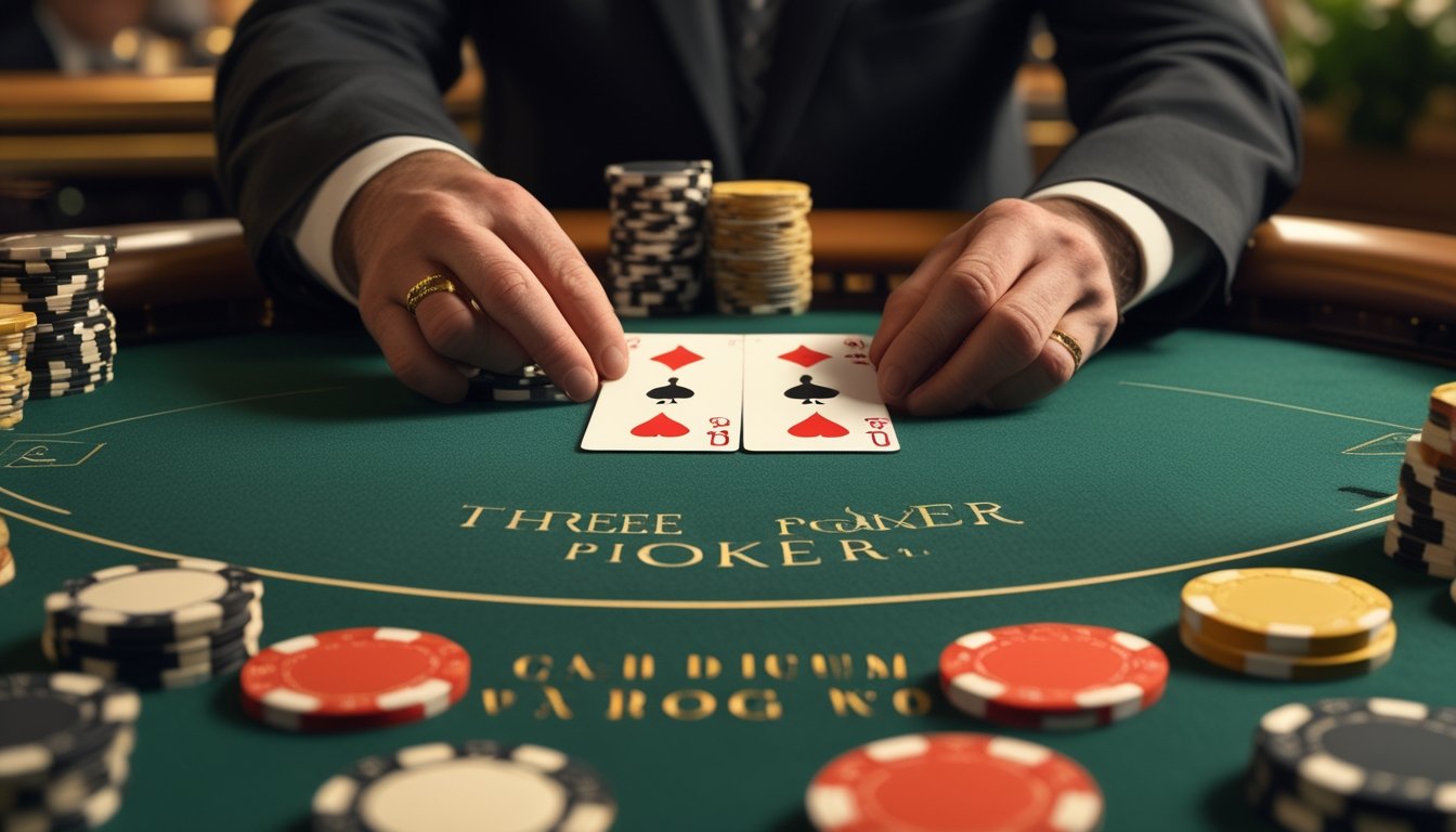 Meja poker dengan tiga kartu, keping kasino, dan tangan dealer yang sedang menyusunnya.
