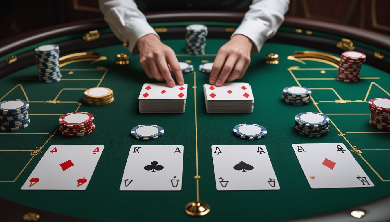 Meja kasino dengan kartu remi, keping taruhan, dan tangan dealer yang membandingkan dua permainan poker.