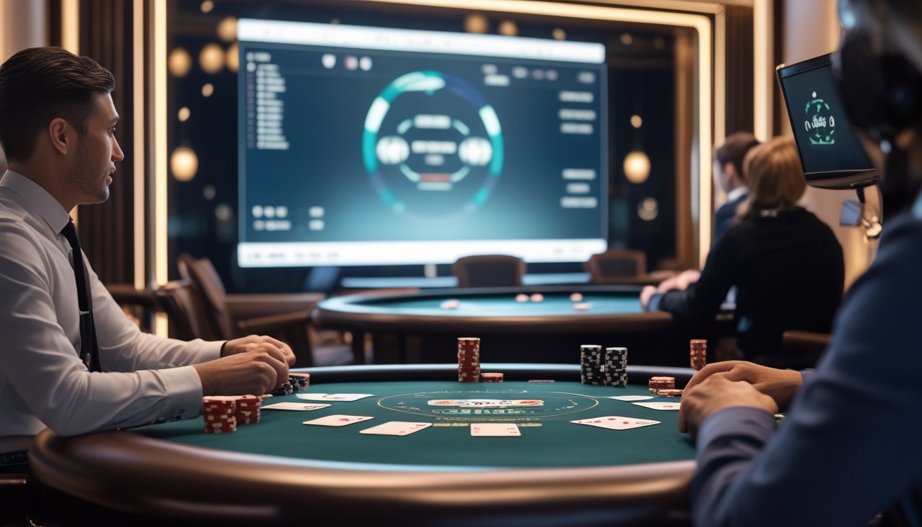 Dealer kasino memandu permainan kartu langsung sementara pemain melihatnya melalui komputer.