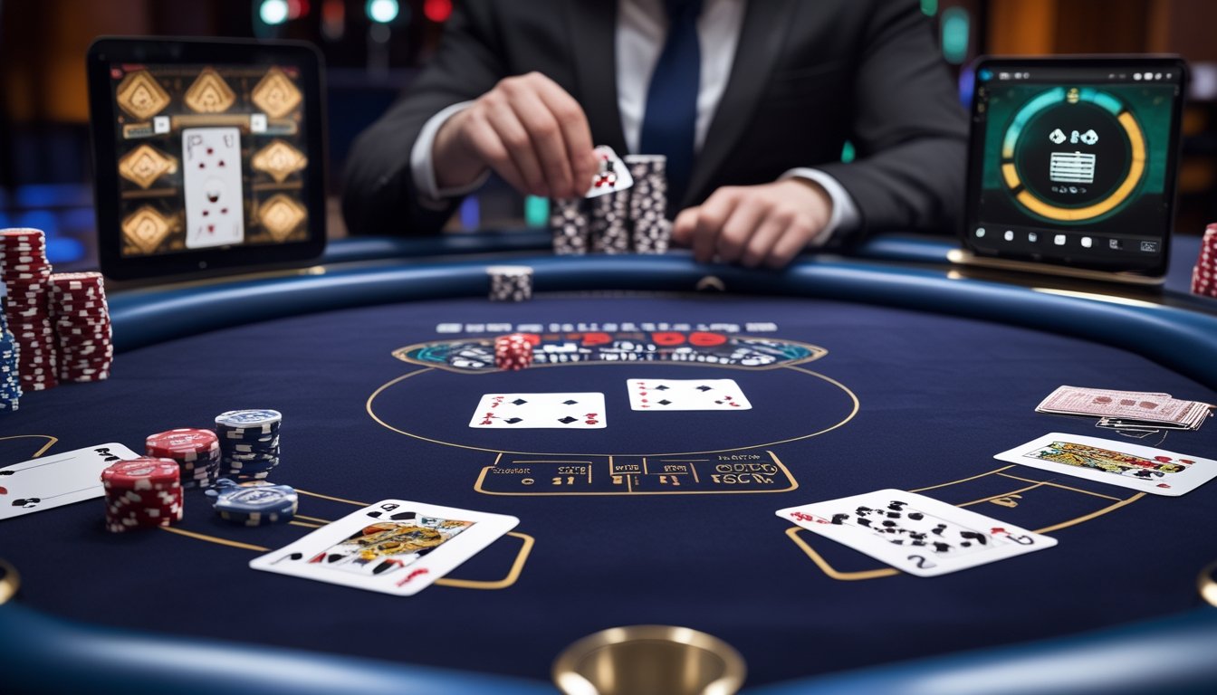 Meja permainan Red Dog Poker dengan dua kartu terbuka, kartu ketiga yang sedang dibuka dealer, dan keping taruhan dalam suasana kasino online live.