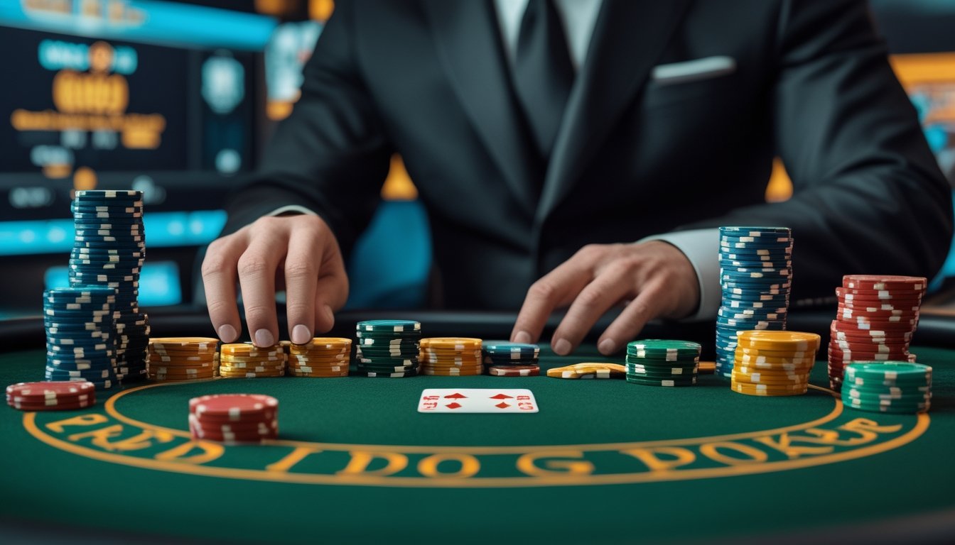 Dealer kasino menata kartu dan keping chip di meja poker dengan latar teknologi permainan digital.
