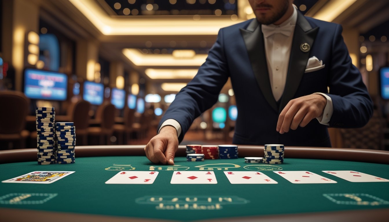 Dealer menata kartu dan chip di meja Red Dog Poker dalam suasana kasino modern.