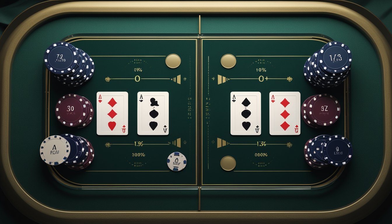 Meja kasino dengan dua susunan kartu dan keping taruhan yang menggambarkan perbandingan permainan Three Card Poker dan Red Dog.