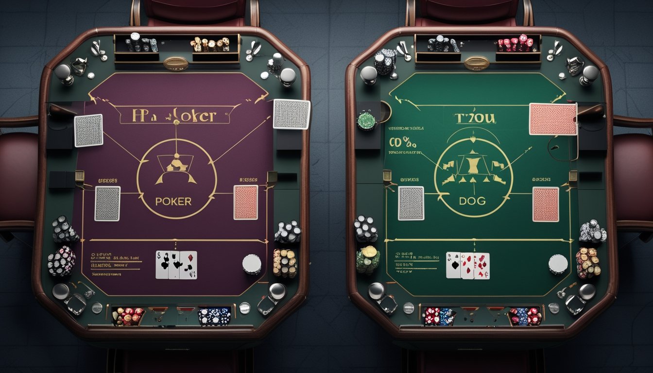 Meja permainan kasino menampilkan tata letak Three Card Poker dan Red Dog dengan kartu, chip, serta elemen visual perbandingan probabilitas.