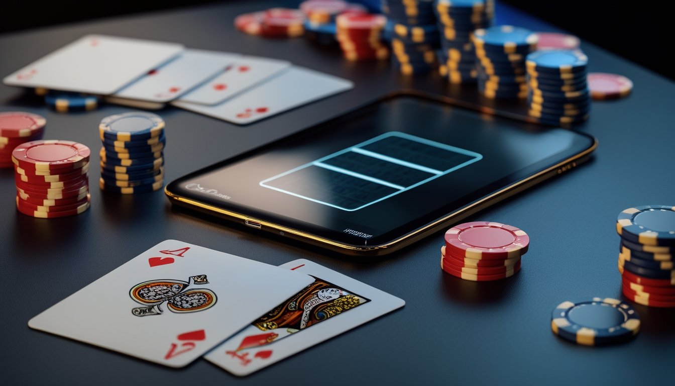 Kartu remi, chip kasino, dan perangkat digital yang menampilkan permainan kartu bergaya modern di atas meja.