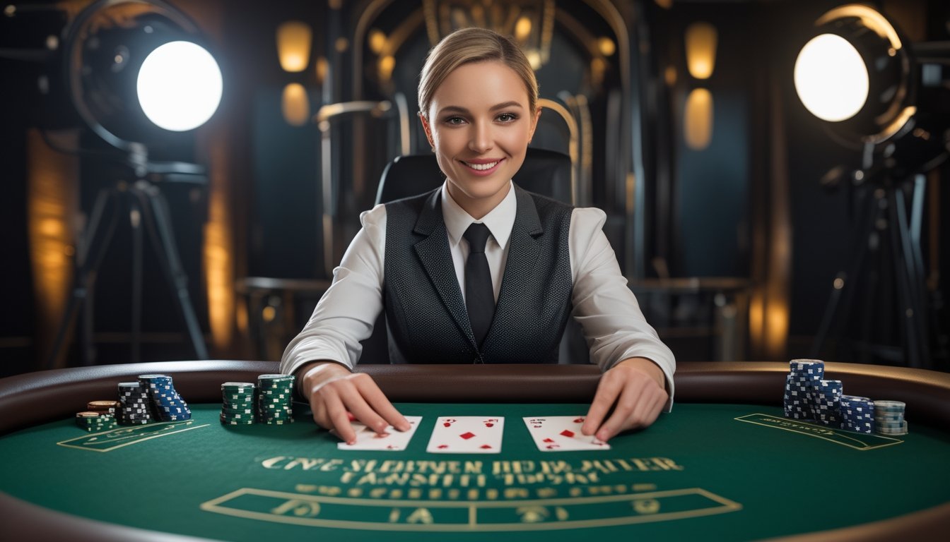 Dealer profesional menyajikan tiga kartu di atas meja poker dalam studio kasino.