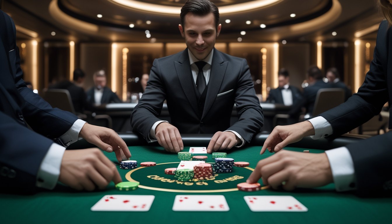Dealer profesional menata tiga kartu dan keping taruhan di meja Three Card Poker.