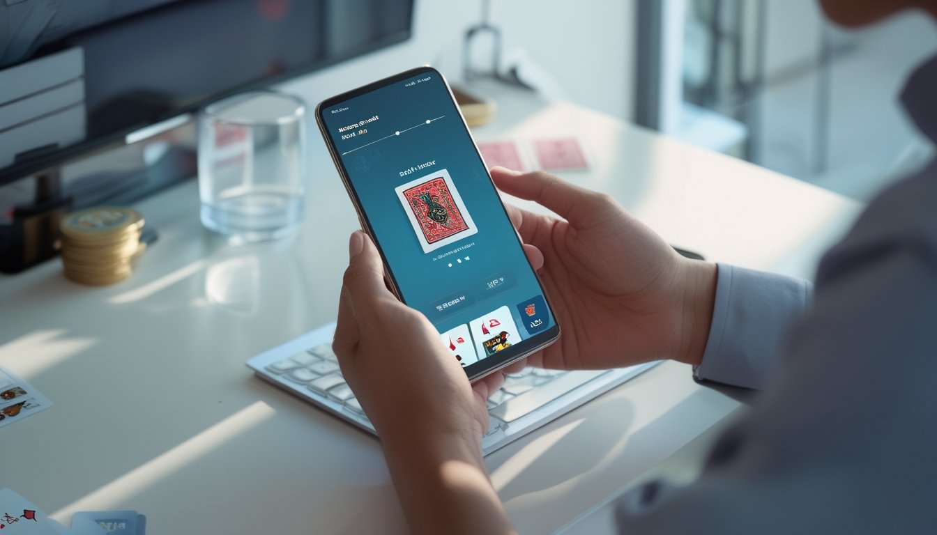 Seorang pemula mempelajari permainan Red Dog Poker melalui smartphone di meja yang rapi.