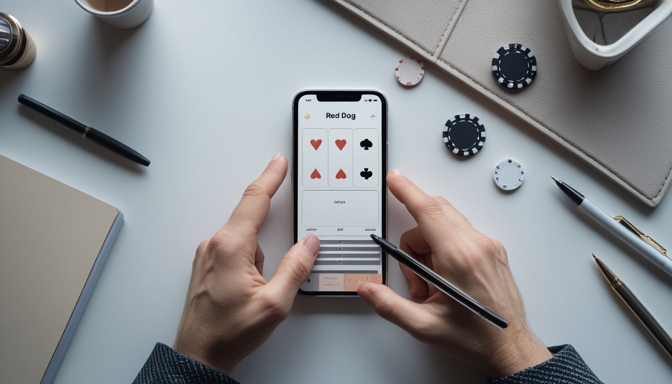 Pemula mempelajari nilai kartu Red Dog Poker melalui ponsel di atas meja dengan kartu dan keping poker.