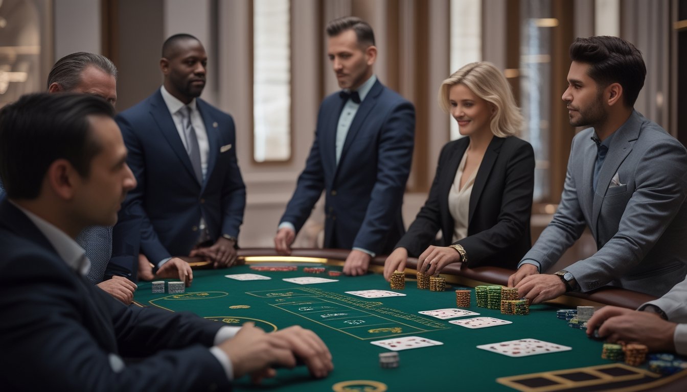 Pemain dan dealer berkumpul di meja kasino modern dengan kartu poker serta tumpukan chip.