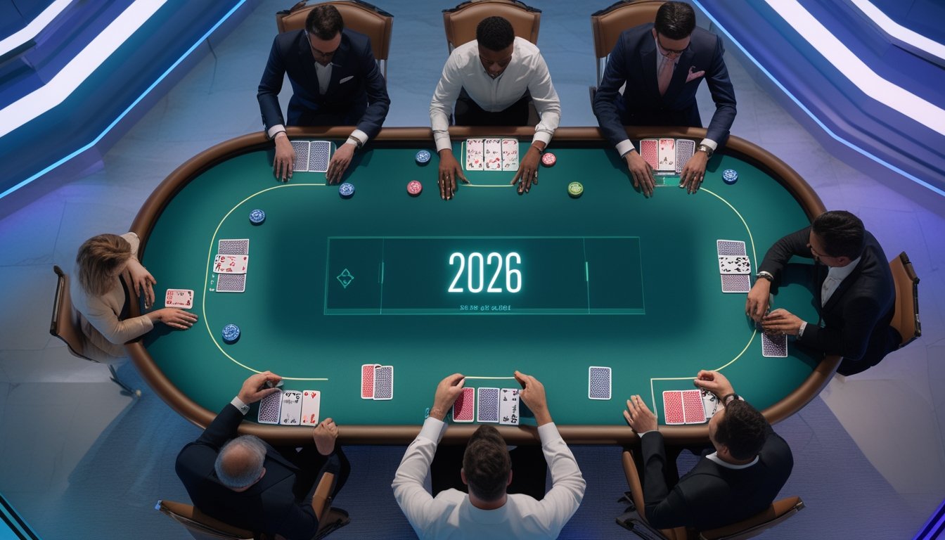 Pemain dan dealer bermain Three Card Poker di meja kasino modern dengan kartu dan keping taruhan.