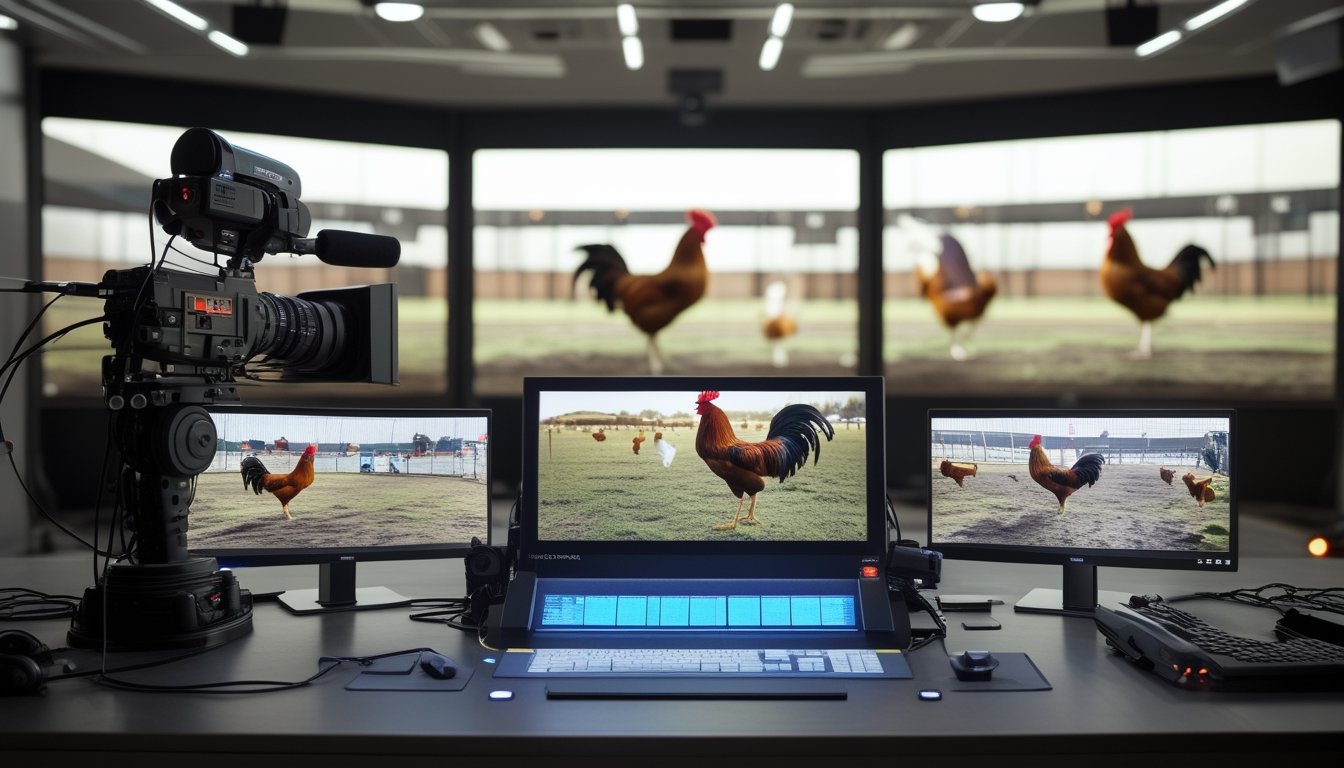 Studio siaran langsung dengan kamera profesional dan layar yang menampilkan arena ayam dari kejauhan.
