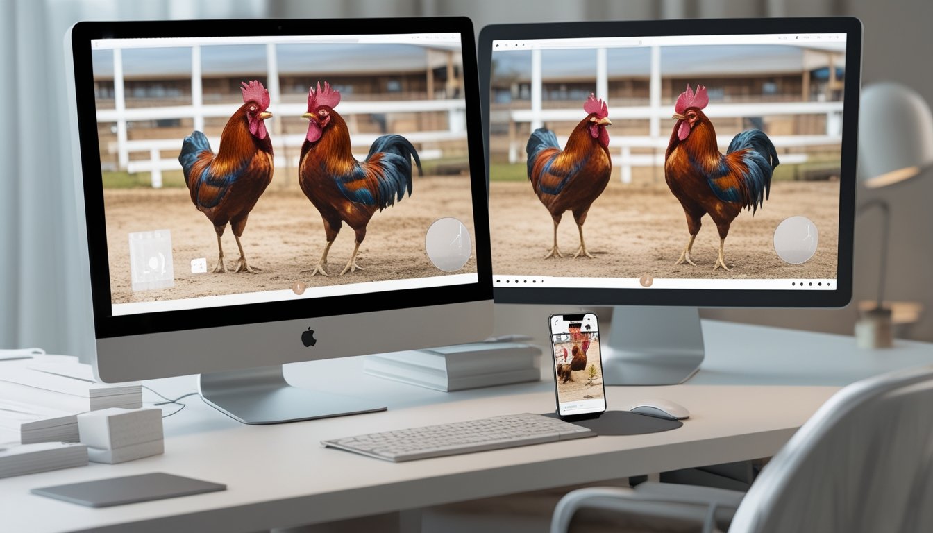 Monitor dan ponsel menampilkan siaran langsung pertandingan ayam dalam suasana studio modern.