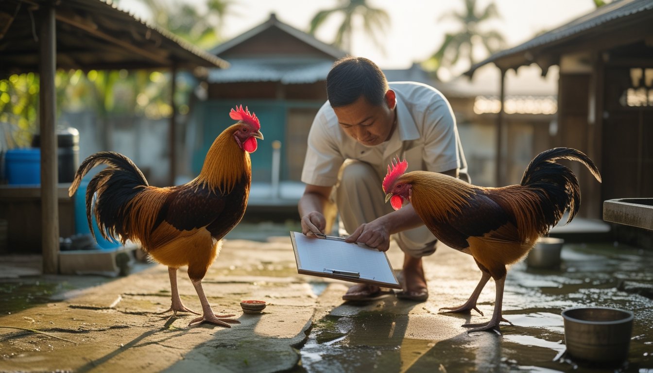Seorang perawat memeriksa ayam jantan di kandang bersih dalam lingkungan pedesaan tropis.