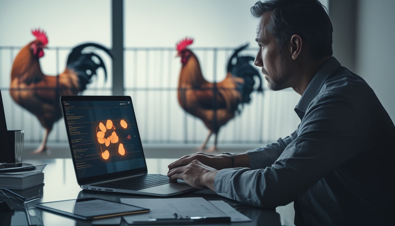 Seseorang tampak khawatir meninjau laptop, ponsel, dan dokumen hukum terkait risiko perjudian sabung ayam online.