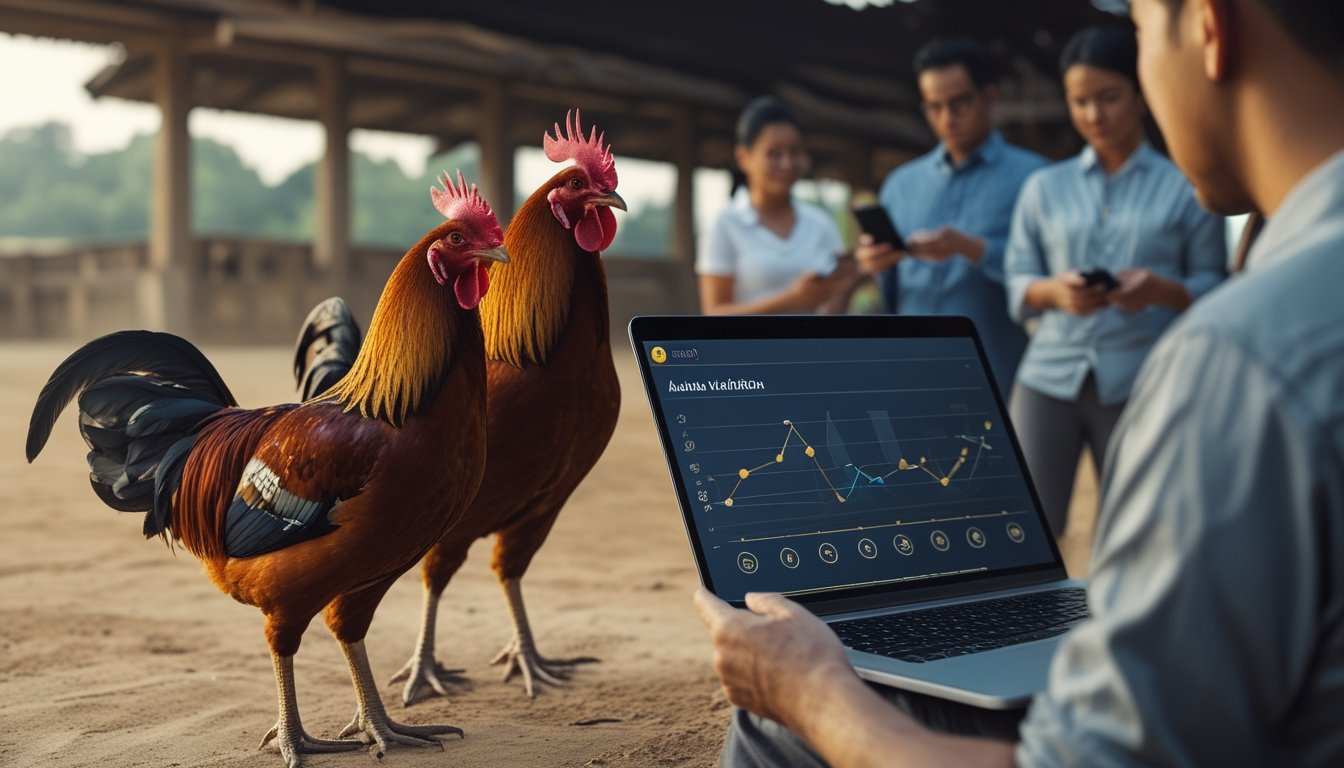 Dua ayam jantan sehat berada di arena pedesaan, sementara beberapa orang meninjau informasi pada laptop dan ponsel.