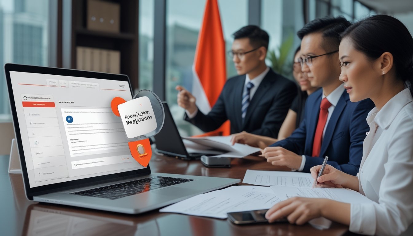 Tim profesional meninjau dokumen kepatuhan di kantor modern dengan laptop dan bendera Indonesia.