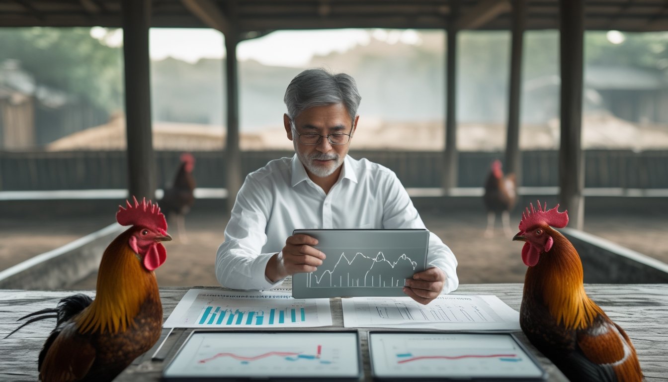 Seorang analis mengamati grafik dan dua ayam jantan dalam kandang di area arena tradisional.