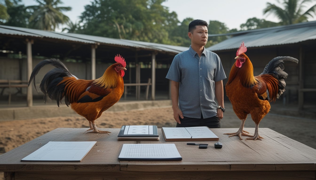 Seorang analis mengamati dua ayam jantan di kandang terpisah dengan buku catatan dan kalkulator di atas meja.