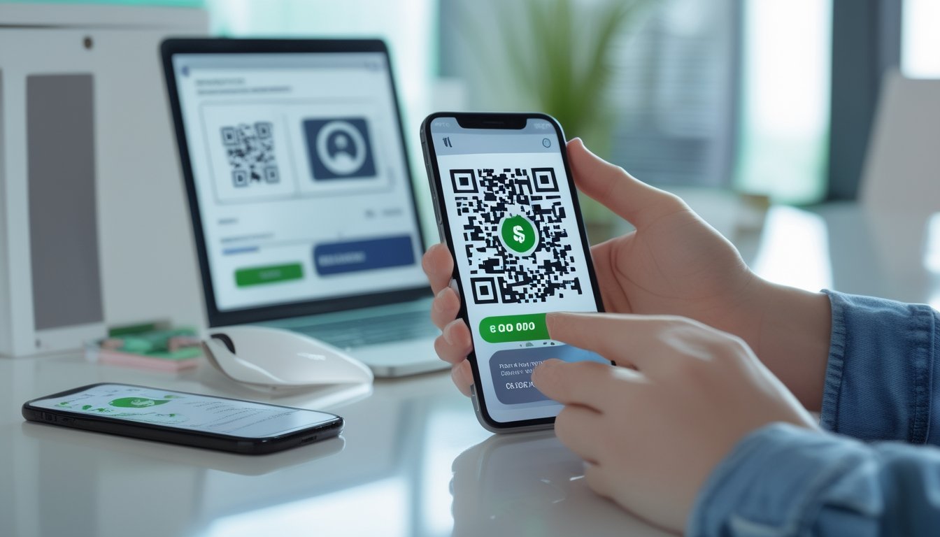 Seseorang memindai kode QR pada ponsel untuk melakukan pembayaran digital melalui dompet elektronik.