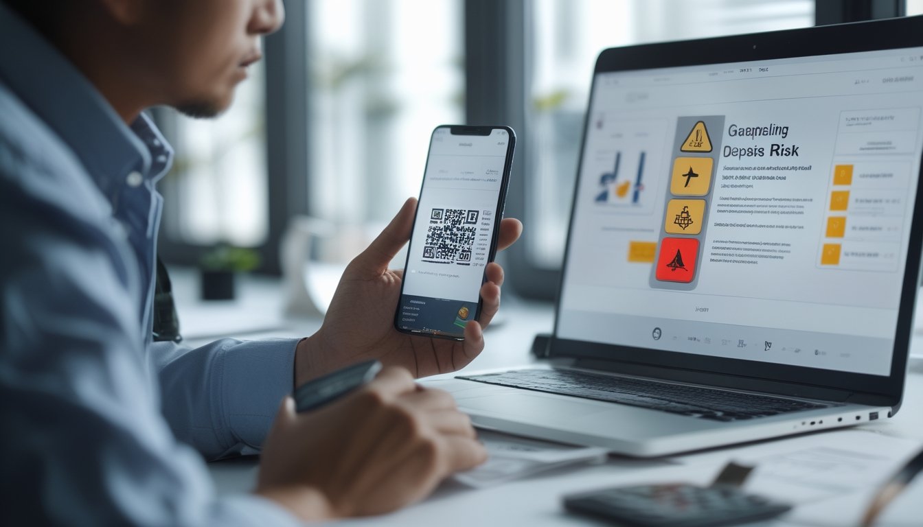 Pengguna memeriksa pembayaran digital dengan waspada di meja kerja, disertai simbol peringatan dan dokumen keuangan.