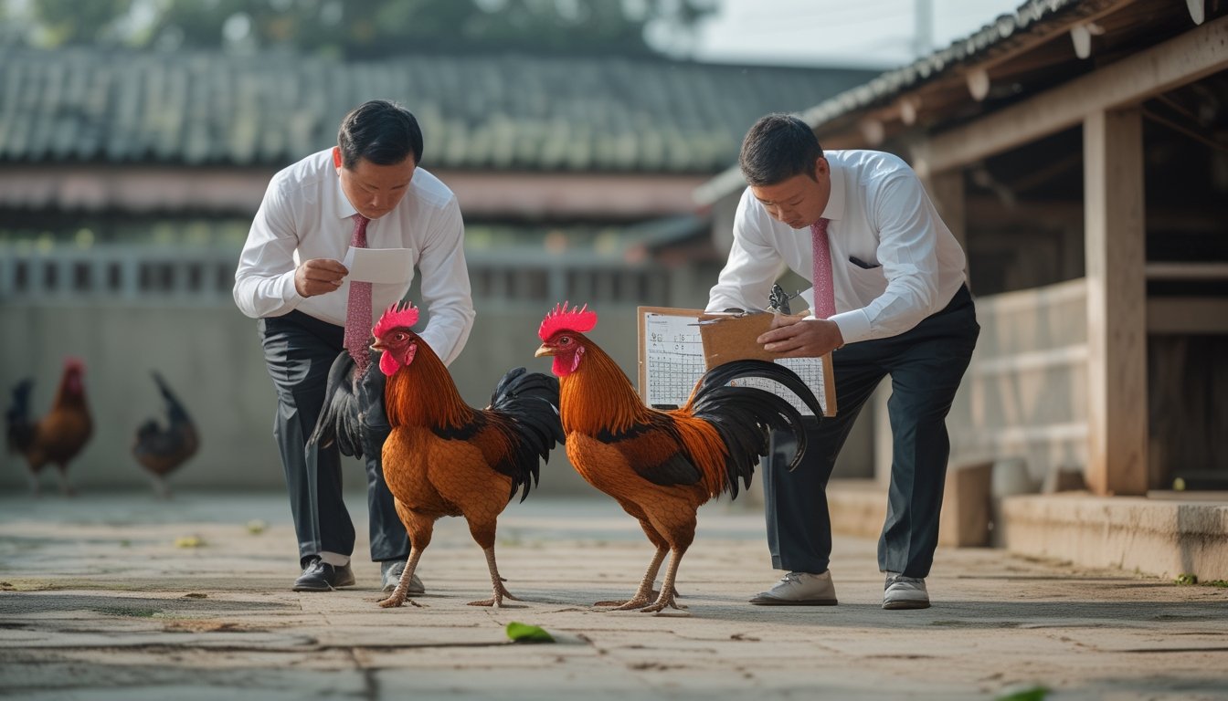 Dua ayam jantan diamati oleh pawang yang sedang meninjau catatan strategi di halaman terbuka.