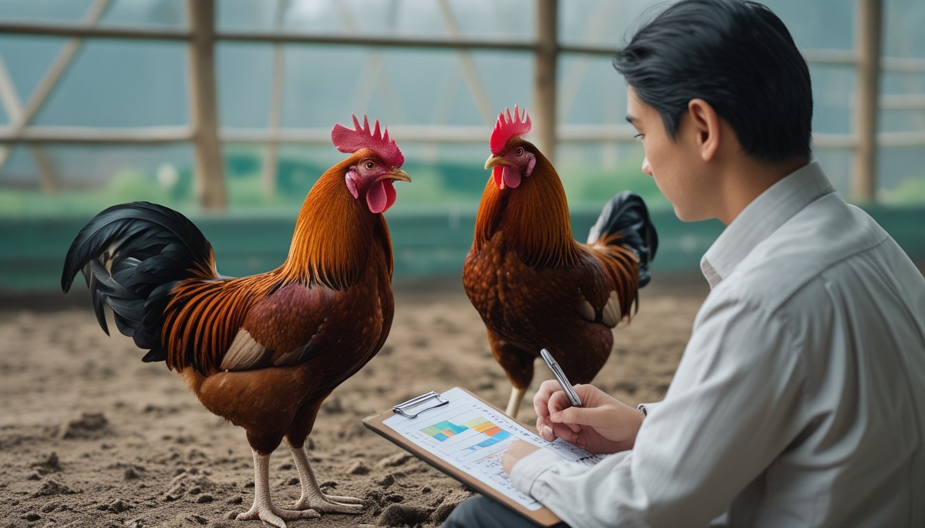 Seseorang menganalisis risiko sambil mengamati dua ayam jantan di kandang luar yang bersih.