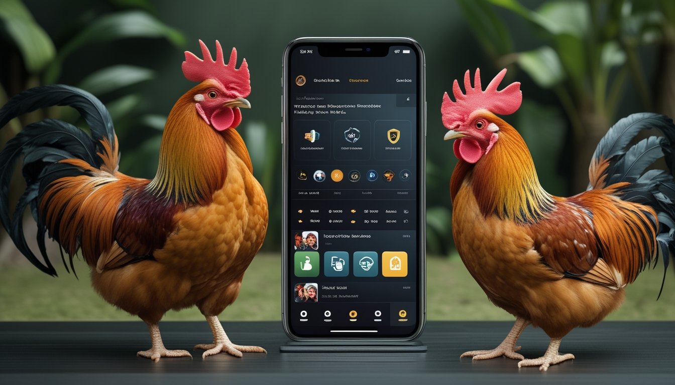 Ponsel pintar menampilkan antarmuka aplikasi bertema ayam jago di samping dua ayam jago sehat dalam suasana peternakan tropis.